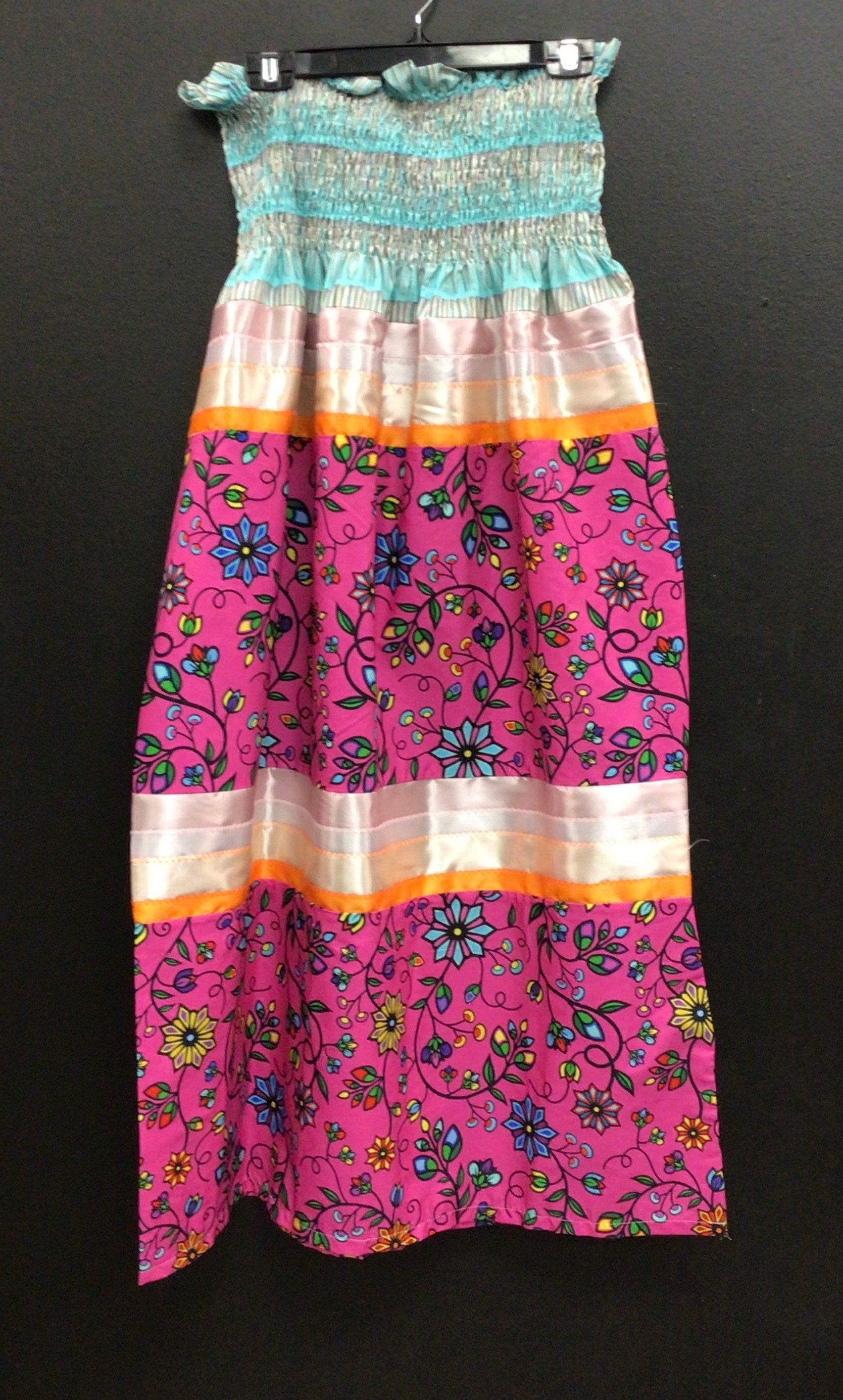 Dentalium on Blue and Pink Floral Ribbon Dress